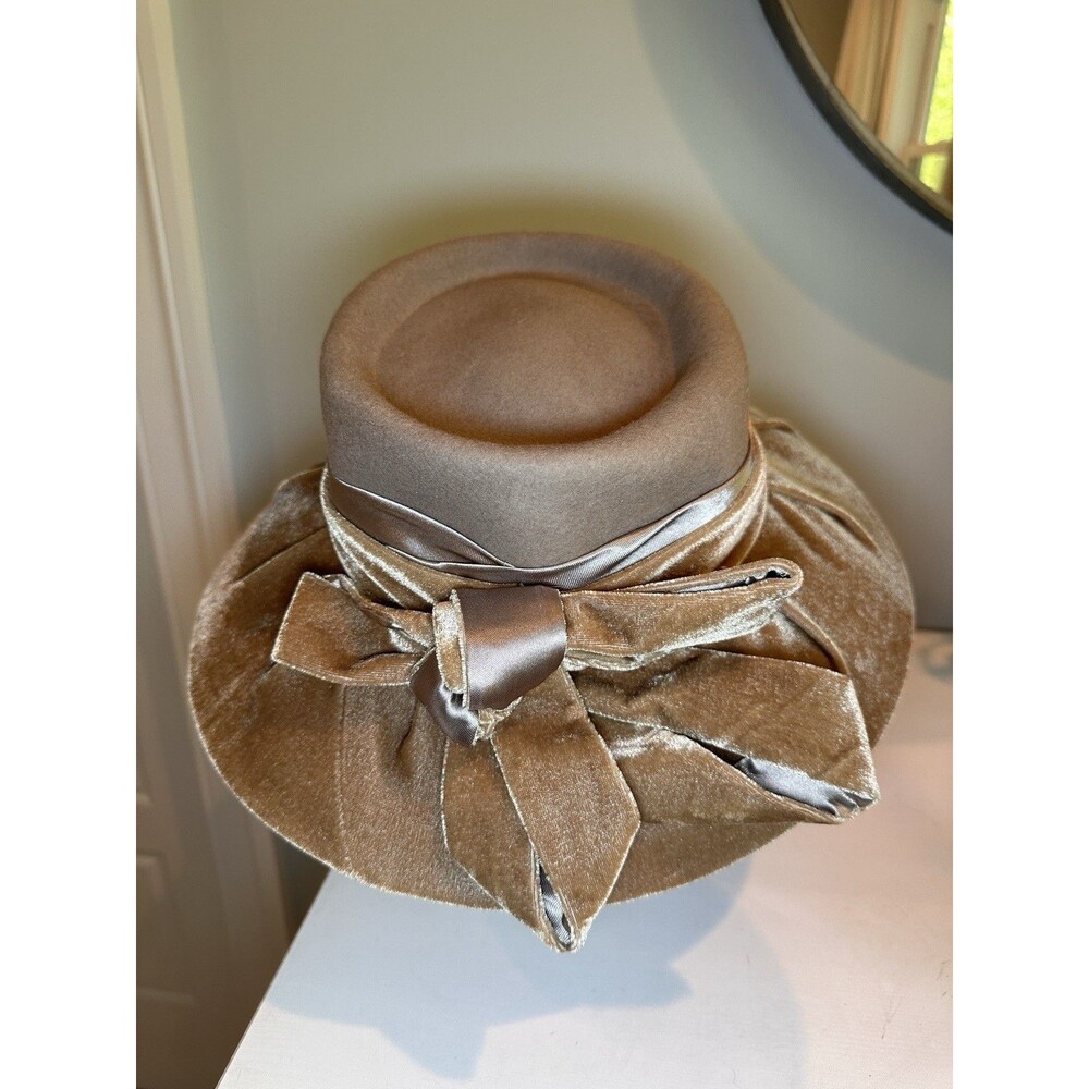 Fine Millinery Collection Vintage Wool Velvet Bow Large Slouchy Hat Brown Retro